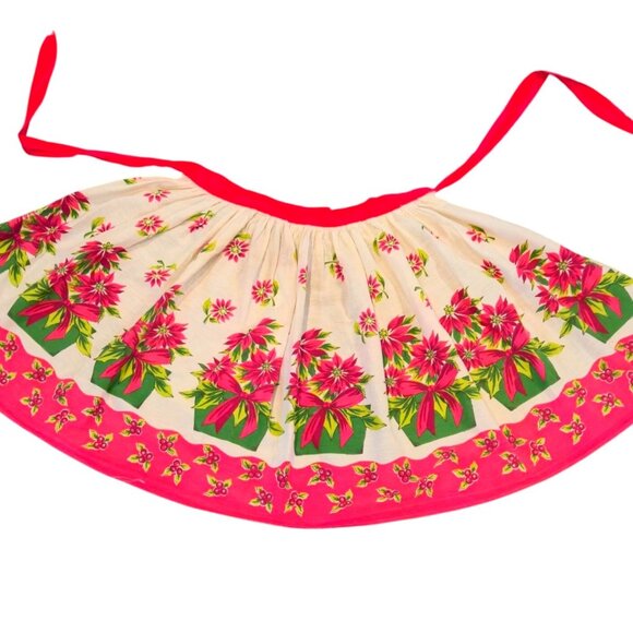 None Other - Vintage Christmas Apron Poinsettia Floral Print red Waist Ties Holiday Hostess